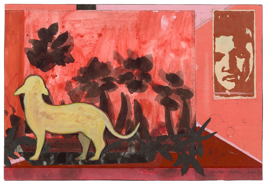 Interiør med Elvis og gul hund