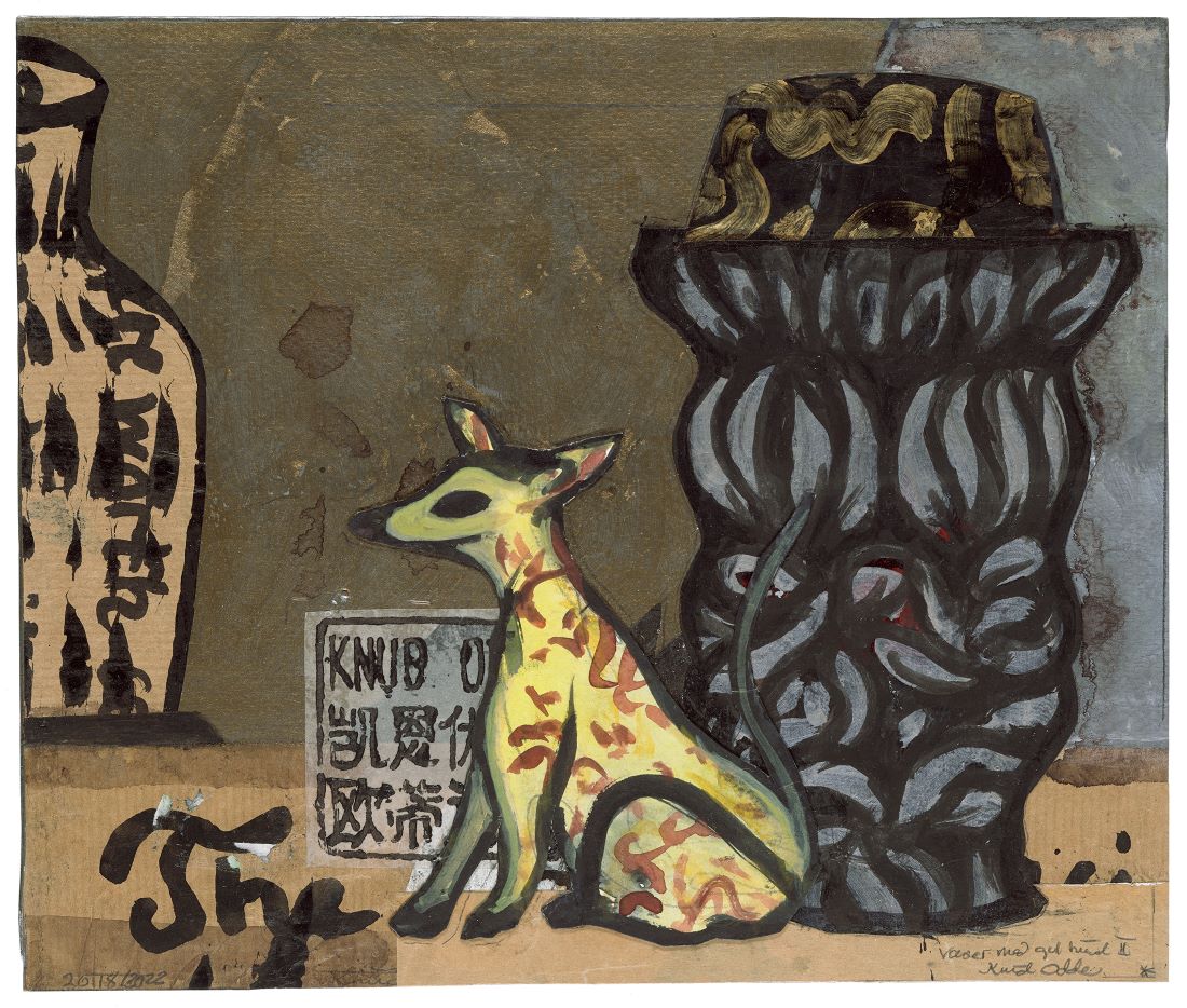 Sake-flaske med gul hund