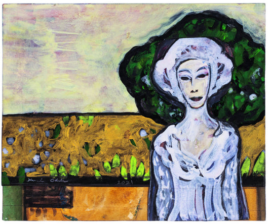 Gårdhaven i Røjle. 2021. Akvarel og collage på papir. 16 x 20 cm.