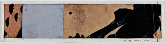 Uden titel. 2021. Blæk og collage på papir. 5,5 x 22 cm.