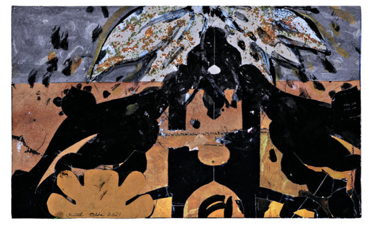 Uden titel. 2021. Akvarel, mica og collage på papir. 16 x 26 cm.