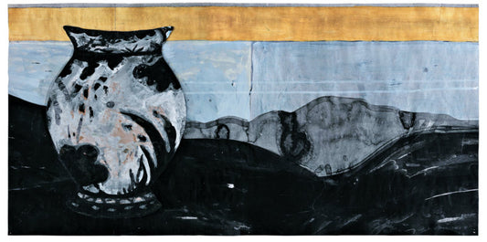 Uden titel. 2021. Blæk, akryl og collage på papir. 38 x 77 cm.