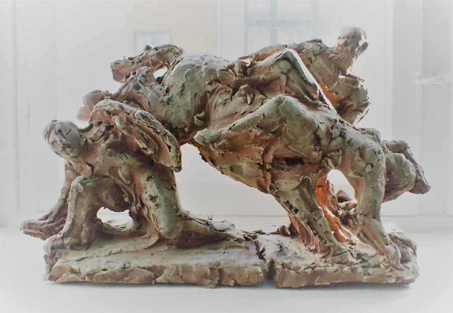 Mytologisk sceneri med to mænd, hest og en nøgen kvinde.