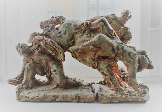 Mytologisk sceneri med to mænd, hest og en nøgen kvinde.