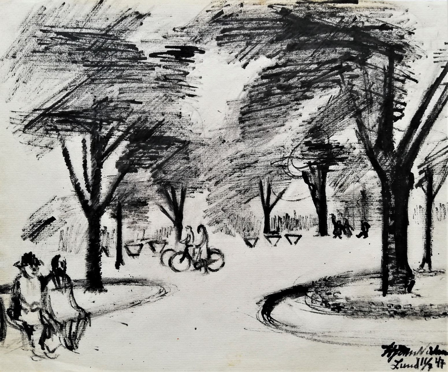 Lund. 11/7-47. Signeret og dateret Søren Hjorth Nielsen 47. Tusch. 22,5x 32,7 cm. 4.000 kr.