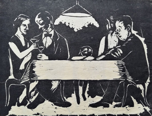 ”Lukketid”. Fem personer ved et bord. Signeret og dateret Hjorth Nielsen 1930. Eget tryk.