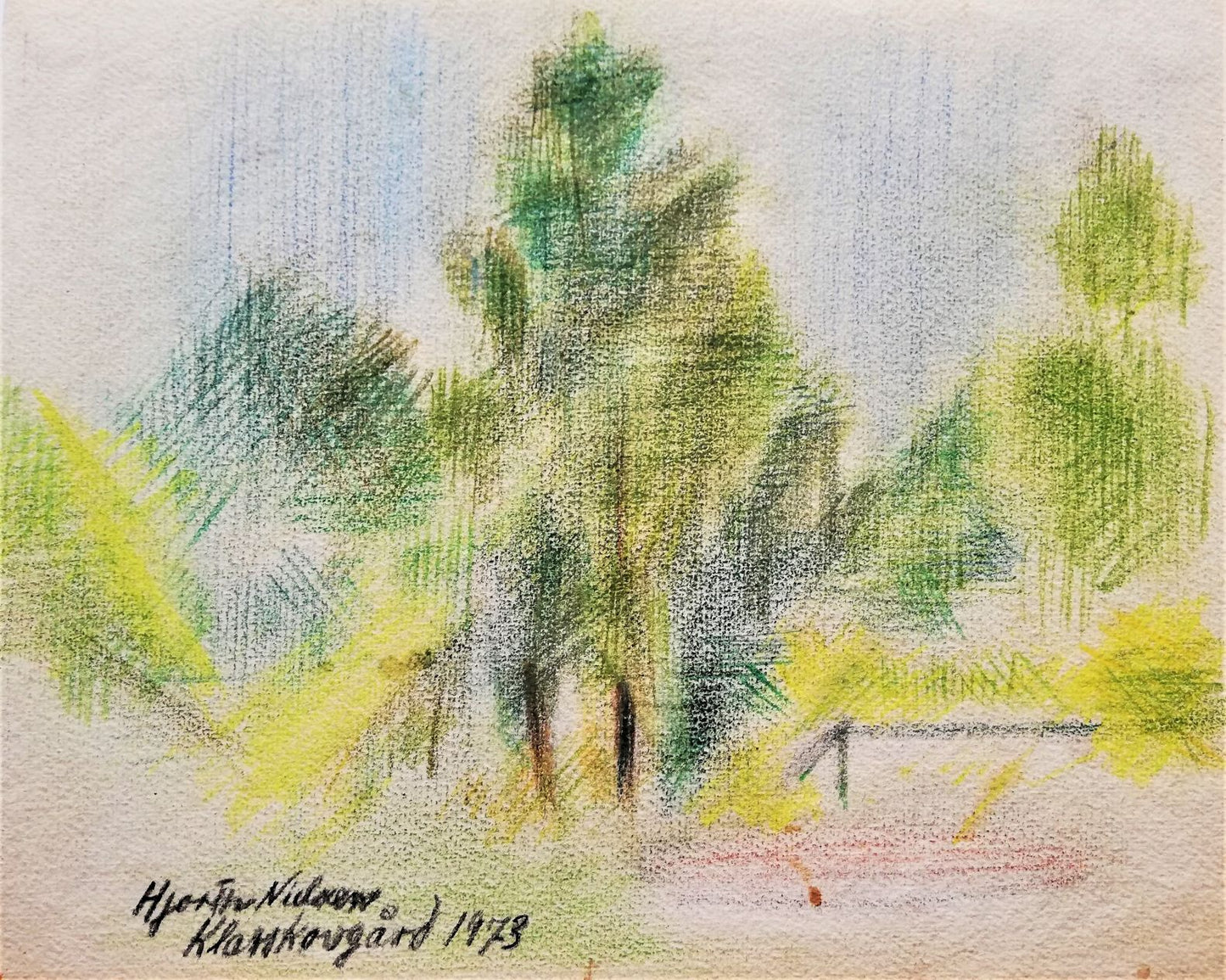 Klarskovgård. Signeret Hjorth Nielsen og dateret 1973. Farvestift. 22x27 cm. 5000 kr.