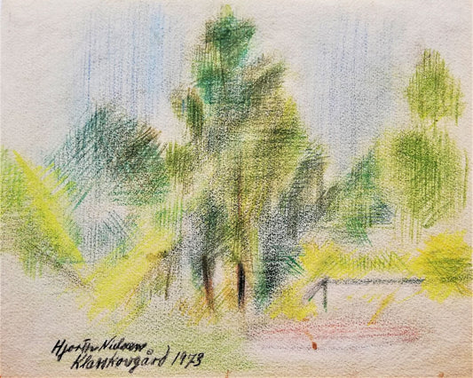 Klarskovgård. Signeret Hjorth Nielsen og dateret 1973. Farvestift. 22x27 cm. 5000 kr.