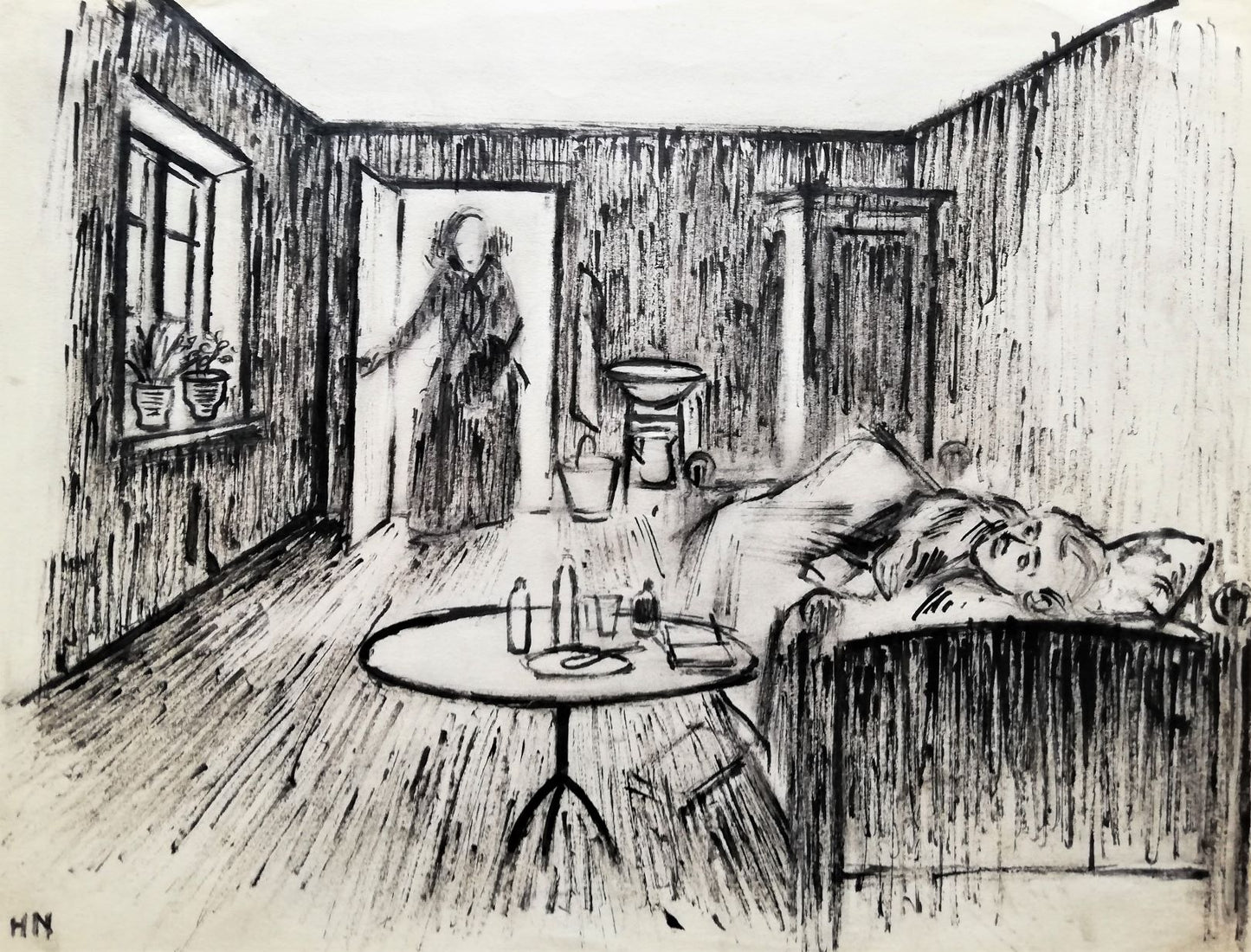 Sengeliggende mand og en kvinde kommer ind. Signeret HN. Tusch. 22,5x27,7 cm. 4.000 kr.