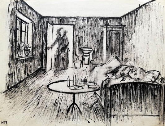 Sengeliggende mand og en kvinde kommer ind. Signeret HN. Tusch. 22,5x27,7 cm. 4.000 kr.