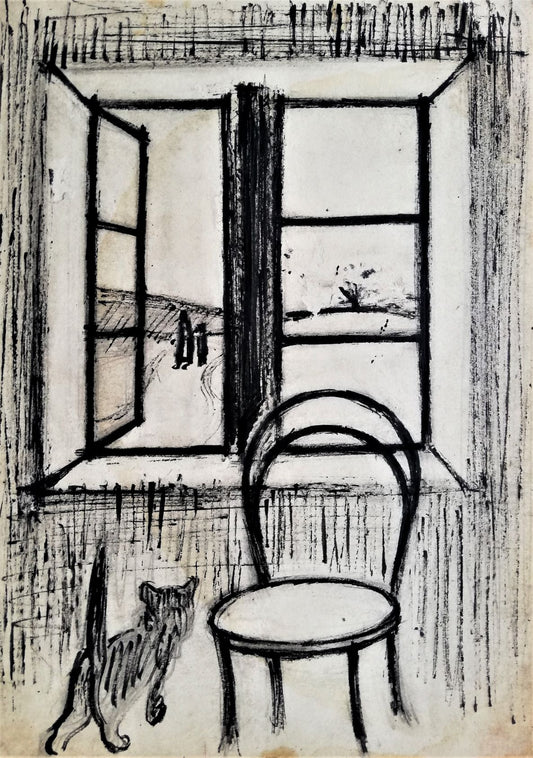 Udsigt med en kat og stol samt et par der går på vejen