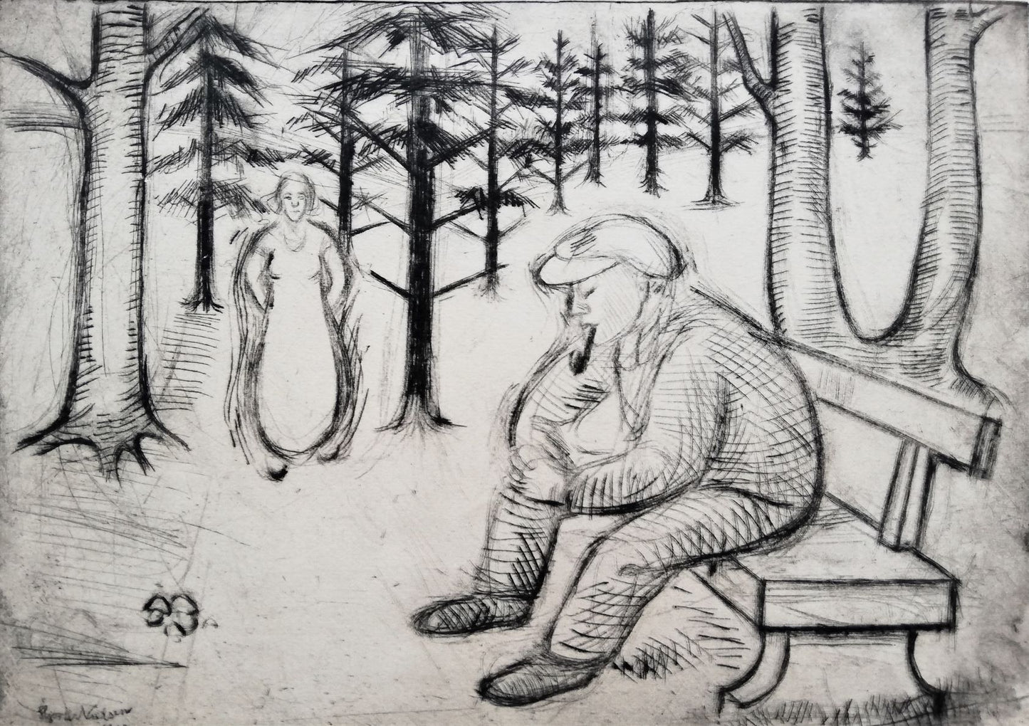 Den ventende. (Mand og kvinde i en skov)