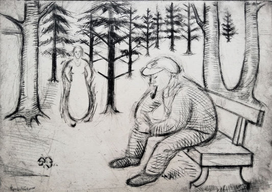 Den ventende. (Mand og kvinde i en skov)