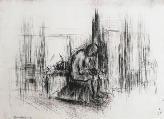 Siddende, gammel, mandlig model. Malerskolen