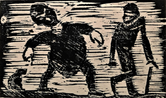 To gående figurer og en hund. 1926. Træsnit. 12,7x21,5 cm. 1800 kr.