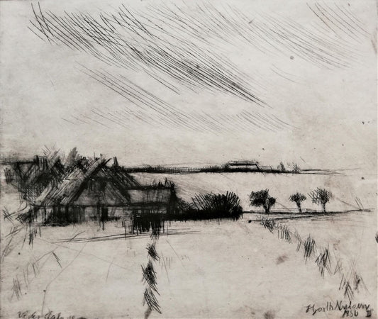 Landskab med hus og korntraver. Vester Aaby