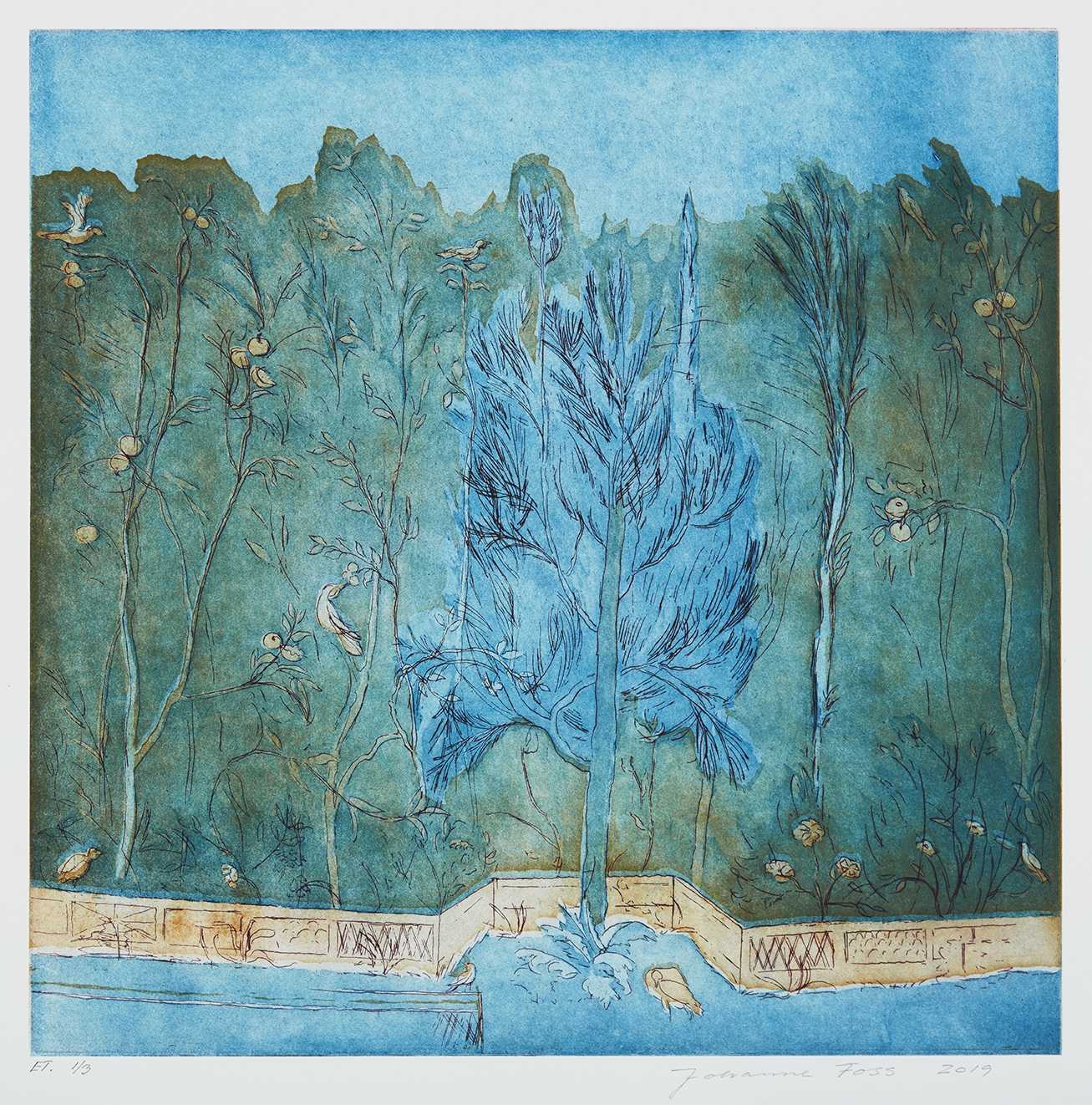 Fyrretræ ved marmorbalustrade. Turkis. Livias Villa. Rom. Italien