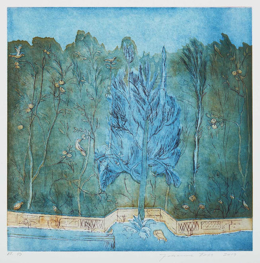 Fyrretræ ved marmorbalustrade. Turkis. Livias Villa. Rom. Italien