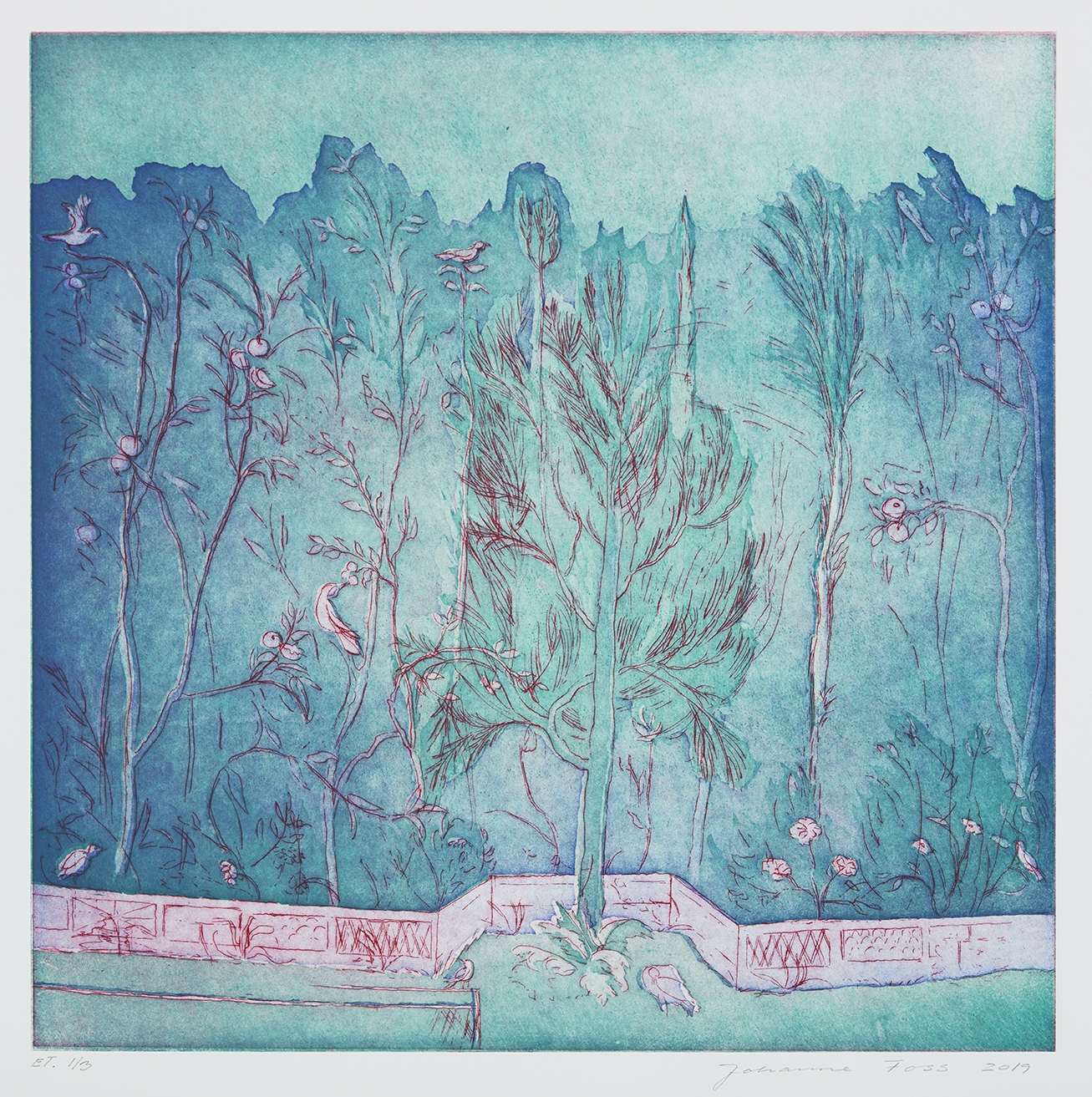 Fyrretræ ved marmorbalustrade. Ultamarin. Livias Villa. Rom. Italien