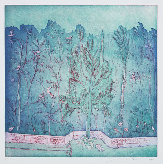 Fyrretræ ved marmorbalustrade. Ultamarin. Livias Villa. Rom. Italien