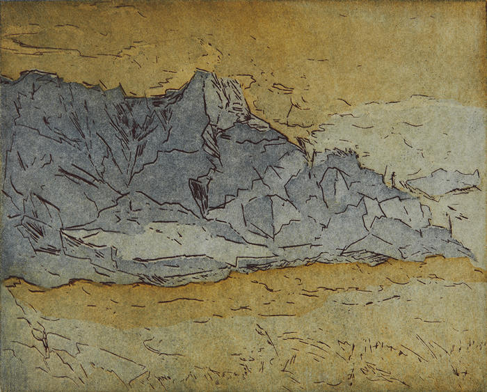 Klippeskær og skumsprøjt. Rå sienna. Bornholm