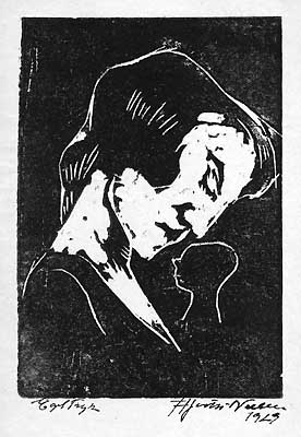 Kvindehoved bøjet, profil th. Signeret og dateret Hjorth Nielsen 1929, Eget tryk. 1800 kr.