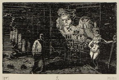 Den store verdensbunker. 3. Krigens væsen lever videre i den store verdensbunker. 1950. ca. 4,9x7,7 cm.