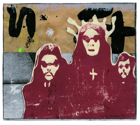 Black Sabbath. 2018.  Linotryk, blæk og collage på papir. 16,5 x 19 cm.