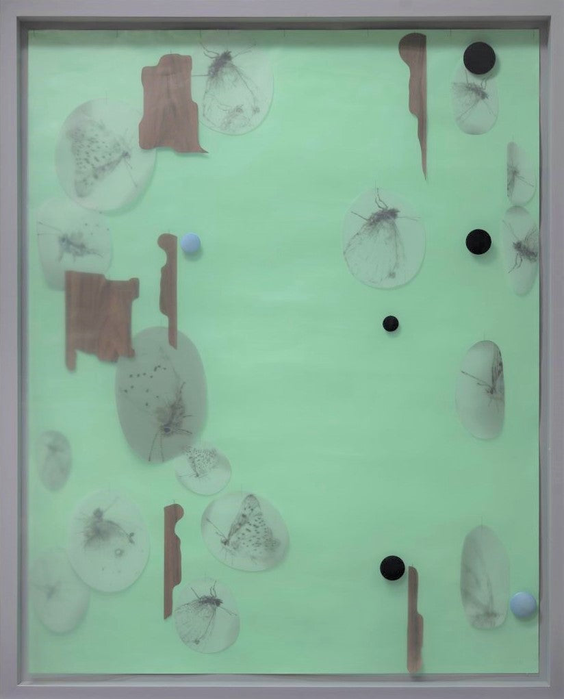 10.	Grønt	vægobjekt	m.	sommerfugle,	2022. 98	x	124 x	7,5	cm.				30.000	kr.