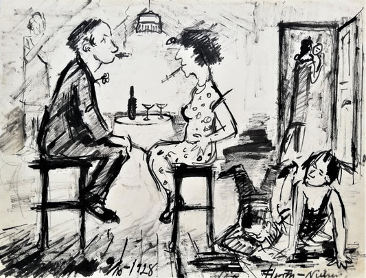 Mand og kvinde på café, i baggrunden mor og barn