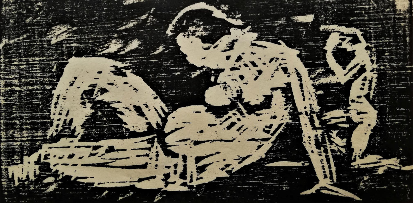 Halvliggende kvinde og knælende skikkelse. 1926. Signeret Hjorth Nielsen. Træsnit. (Nr. 48). 11,5x24 cm. 1800 kr.