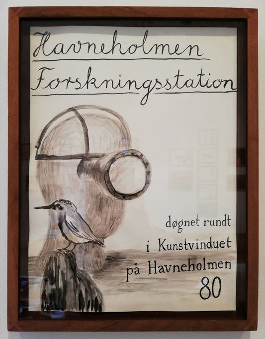 “Havneholmen Forskningsstation”, 2021, 32 x 41,5 cm, blæk på papir i ramme af genbrugstræ og –glas 4000 kr.